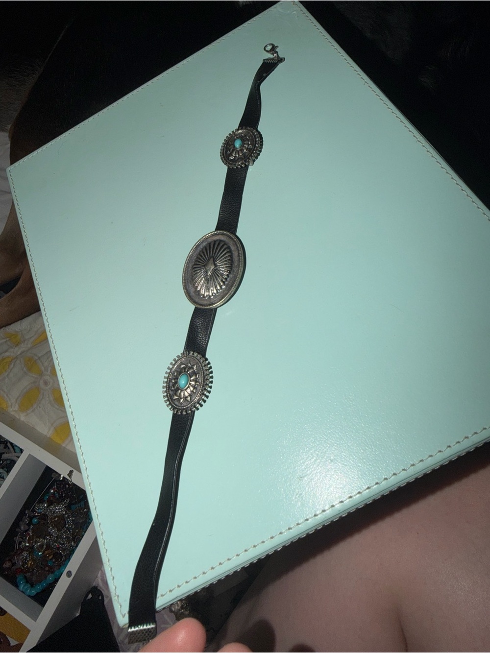 Women's Black Leather Southwestern Choker Necklace with Turquoise Accents